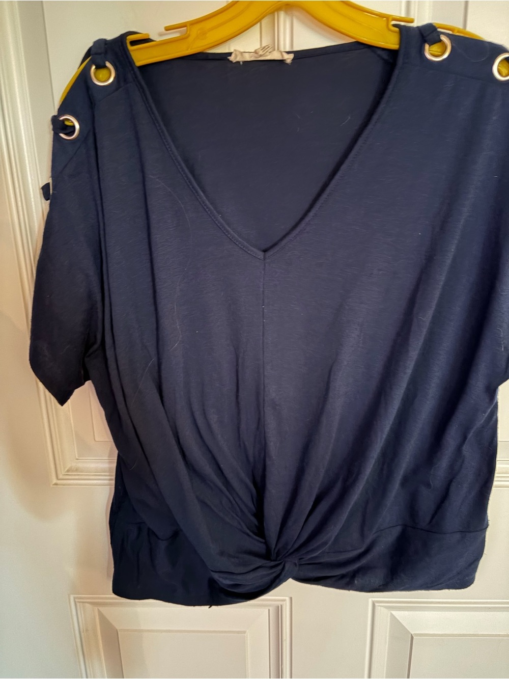 Women’s Navy V-Neck Short Sleeve Top with Front Twist and Grommet Detail